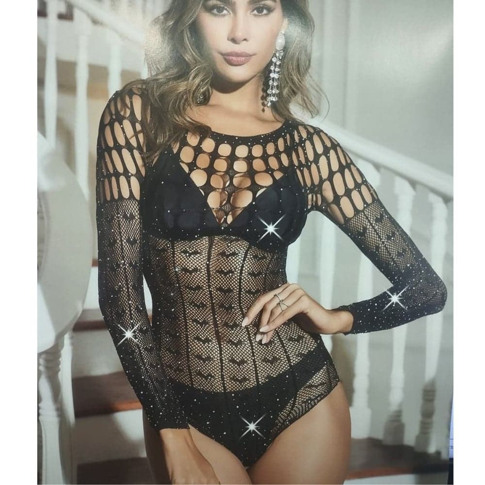 Body Arrastão Kendal Manga Longa Com Detalhes Vazados E Strass